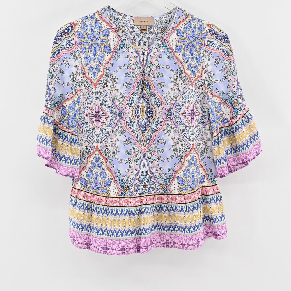 ANTHROPOLOGIE Top Womens Size 2 Kachel Lynn Silk Multicolor Print Swing Blouse